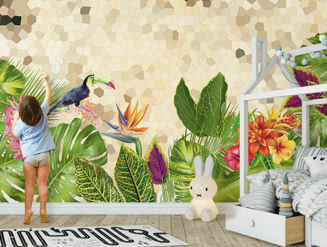 3D Tropical Leaf Floral Bird Wall Mural Wallpaper LQH 121- Jess Art Decoration
