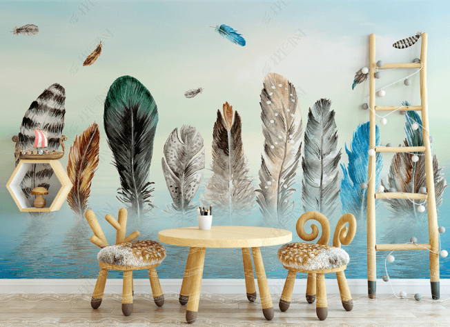 3D Sea Color Feather Wall Mural Wallpaper LQH 61- Jess Art Decoration