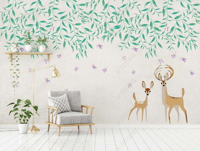 3D Hand Drawn Green Leaf Elk Wall Mural Wallpaper LQH 66- Jess Art Decoration