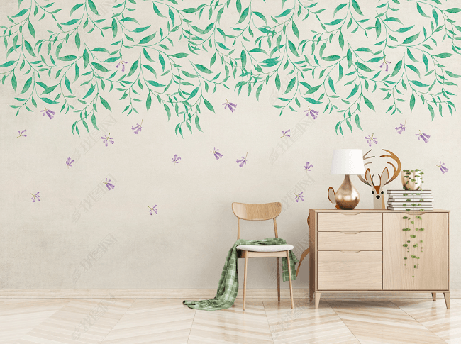 3D Hand Drawn Green Leaf Elk Wall Mural Wallpaper LQH 66- Jess Art Decoration