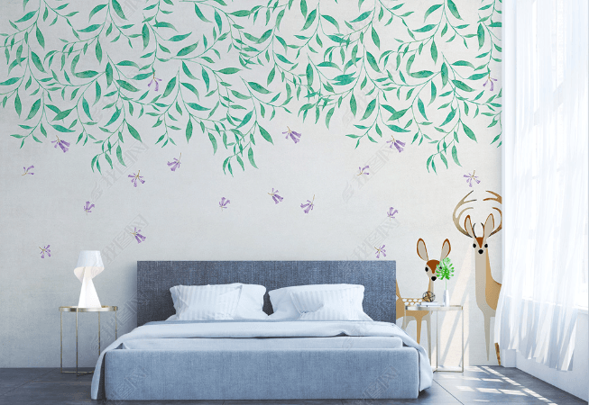 3D Hand Drawn Green Leaf Elk Wall Mural Wallpaper LQH 66- Jess Art Decoration