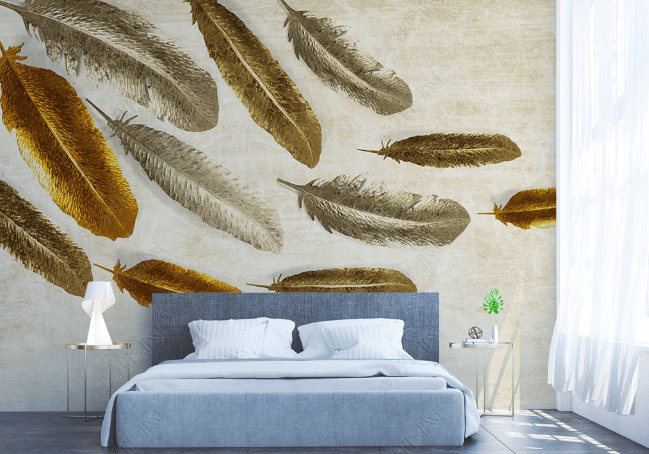 3D Hand Drawn Golden Feather Wall Mural Wallpaper LQH 70- Jess Art Decoration
