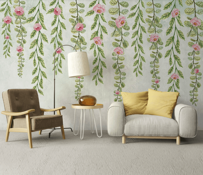 3D Hand Drawn Pink Floral Green Leaf Wall Mural Wallpaper LQH 78- Jess Art Decoration