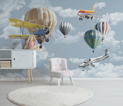 3D Cartoon Sky Cloud Hot Air Balloon Airplane Wall Mural Wallpaper LQH 142- Jess Art Decoration
