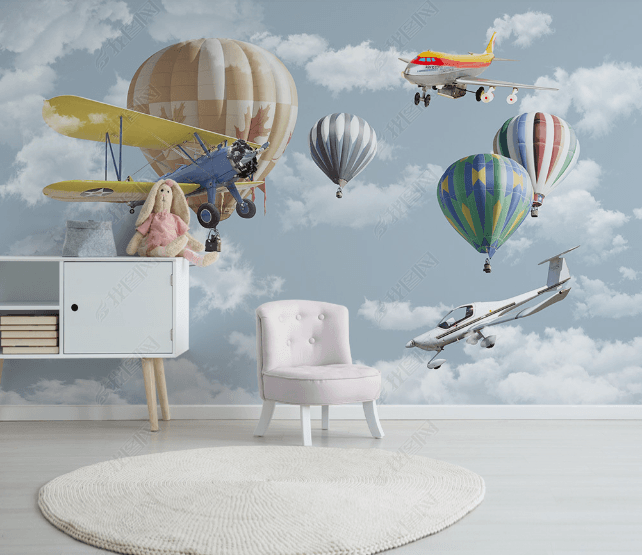 3D Cartoon Sky Cloud Hot Air Balloon Airplane Wall Mural Wallpaper LQH 142- Jess Art Decoration