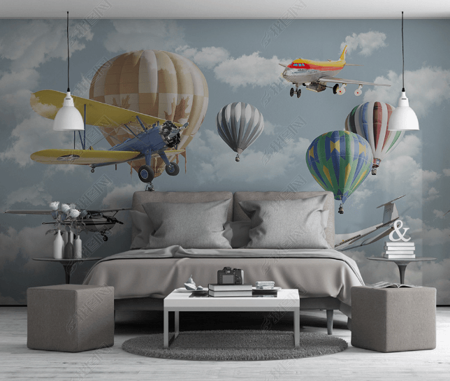 3D Cartoon Sky Cloud Hot Air Balloon Airplane Wall Mural Wallpaper LQH 142- Jess Art Decoration