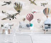 3D Cartoon Sky Cloud Hot Air Balloon Airplane Wall Mural Wallpaper LQH 143- Jess Art Decoration