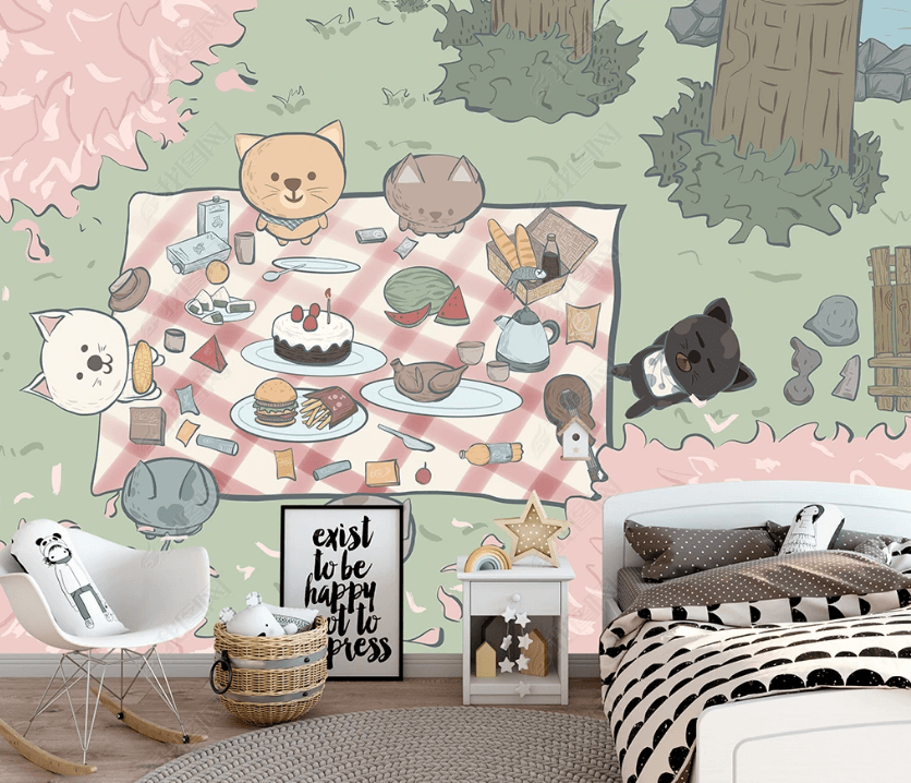 3D Hand-painted Cartoon Rabbit Picnic Wall Mural Wallpaper SWW3086- Jess Art Decoration