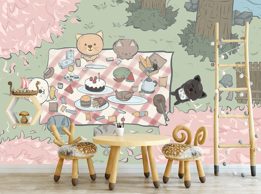 3D Hand-painted Cartoon Rabbit Picnic Wall Mural Wallpaper SWW3086- Jess Art Decoration
