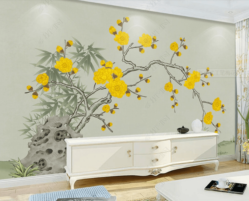 3D Yellow Plum blossom Wall Mural Wallpaper SWW3190- Jess Art Decoration