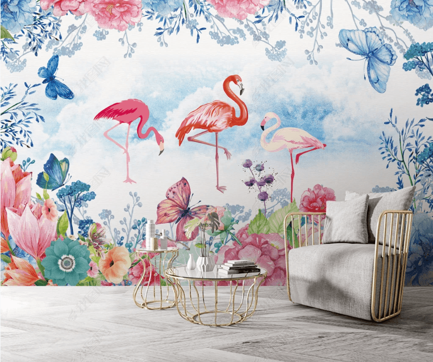 3D Northern Europe Floral Flamingos Butterfly Wall Mural Wallpaper SWW3263- Jess Art Decoration