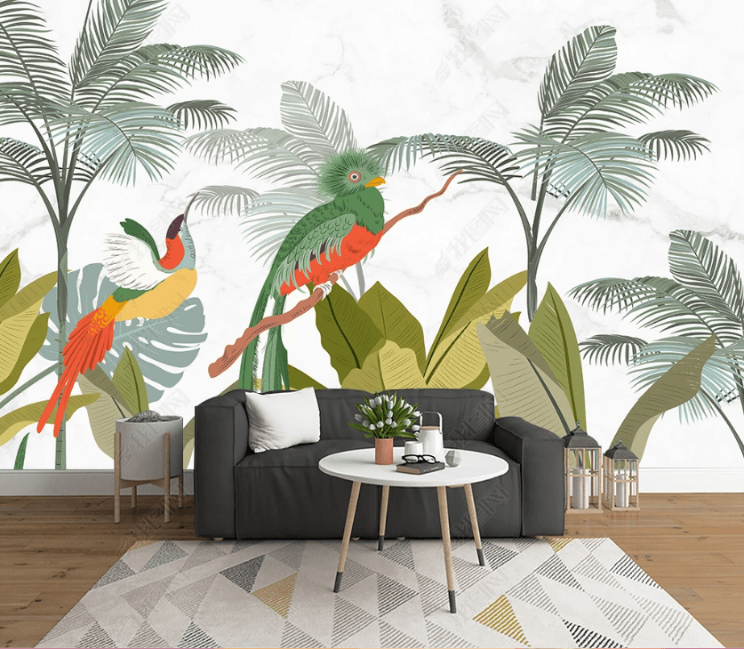 3D Hand-painted Fresh Tropics Plant Bird Wall Mural Wallpaper SWW3396- Jess Art Decoration