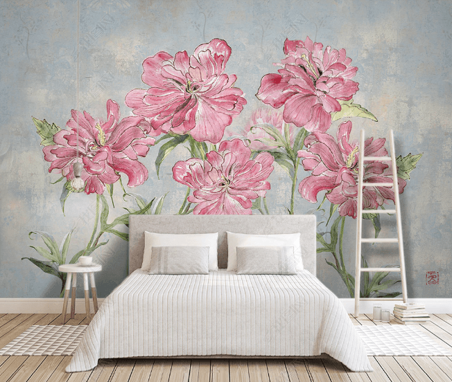 3D Hand Drawn Pink Floral Leaves Wall Mural Wallpaper LQH 83- Jess Art Decoration