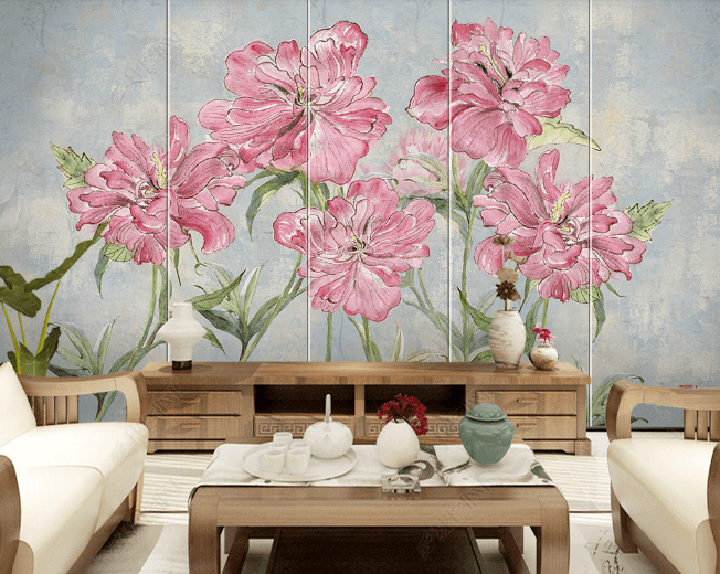 3D Hand Drawn Pink Floral Leaves Wall Mural Wallpaper LQH 83- Jess Art Decoration