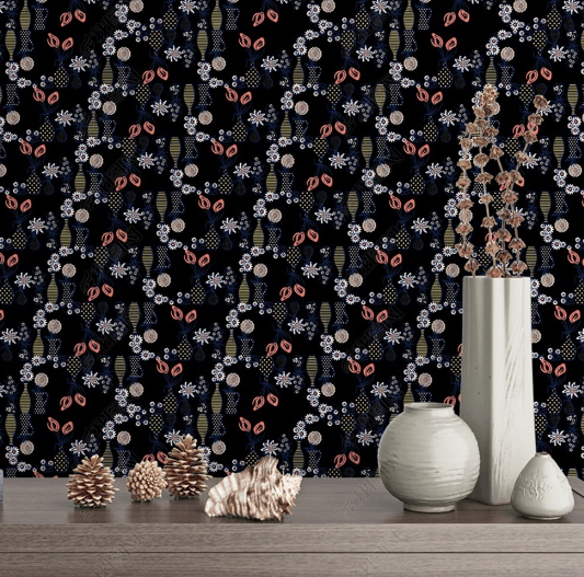 3D Hand Drawn Floral Leaves Black Wall Mural Wallpaper LQH 74- Jess Art Decoration