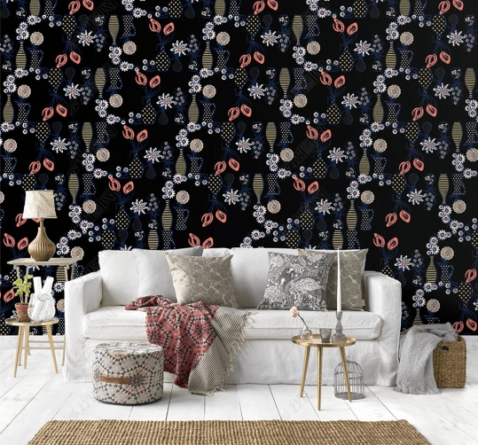 3D Hand Drawn Floral Leaves Black Wall Mural Wallpaper LQH 74- Jess Art Decoration