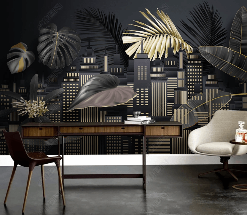 3D Hand Drawn City Building Leaf Wall Mural Wallpaper LQH 210- Jess Art Decoration