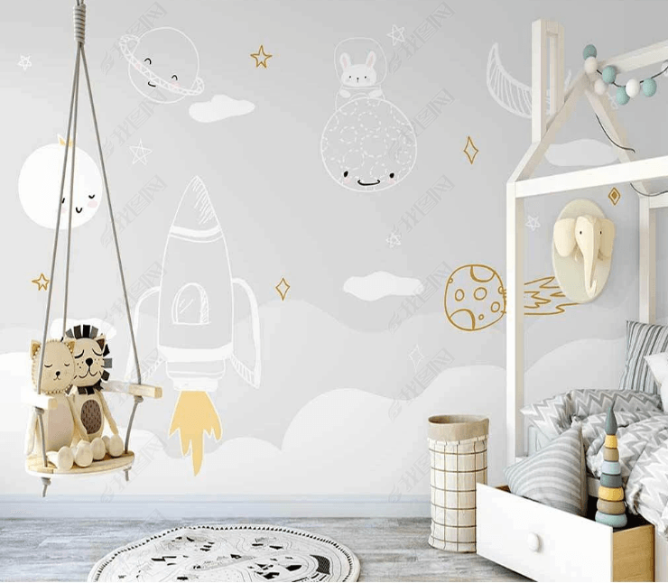 3D Cartoon Gray Space Moon Planet Cloud Wall Mural Wallpaper LQH 352- Jess Art Decoration