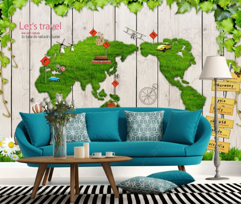 3D Wood Plank Green Plants Map Wall Mural Wallpaper LQH 251- Jess Art Decoration