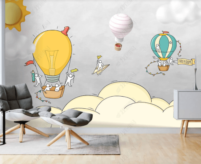 3D Hand Drawn Sky Cloud Sun Hot Air Balloon Small People Wall Mural Wallpaper LLL 2804- Jess Art Decoration