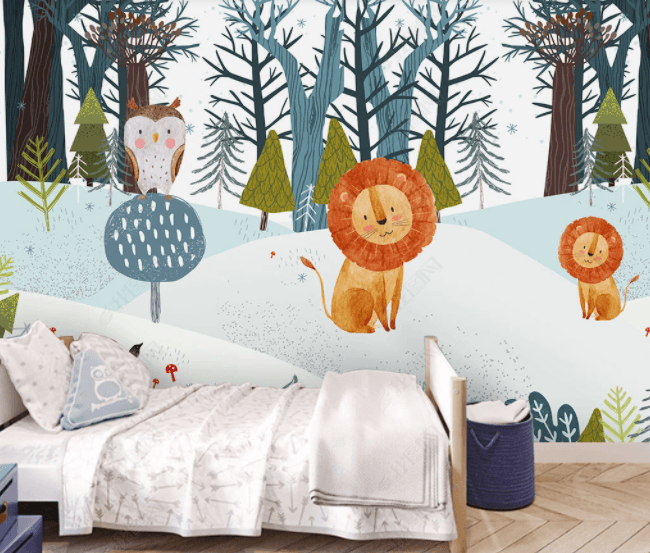 3D Hand Drawn Cartoon Animal Lion Owl Plant Forest Wall Mural Wallpaper LLL 2849- Jess Art Decoration