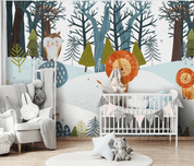 3D Hand Drawn Cartoon Animal Lion Owl Plant Forest Wall Mural Wallpaper LLL 2849- Jess Art Decoration