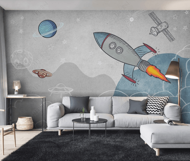 3D Hand Drawn Space Stars Planet Spaceship Rocket Satellite Wall Mural Wallpaper LLL 2791- Jess Art Decoration