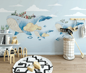 3D Hand Drawn Animal Whale Fish Floral Leaf Cloud Blue Wall Mural Wallpaper LLL 2772- Jess Art Decoration