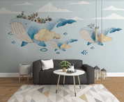 3D Hand Drawn Animal Whale Fish Floral Leaf Cloud Blue Wall Mural Wallpaper LLL 2772- Jess Art Decoration