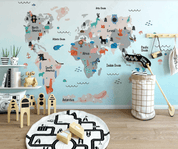 3D Hand Drawn World Map Animal Kids Wall Mural Wallpaper LLL 2837- Jess Art Decoration
