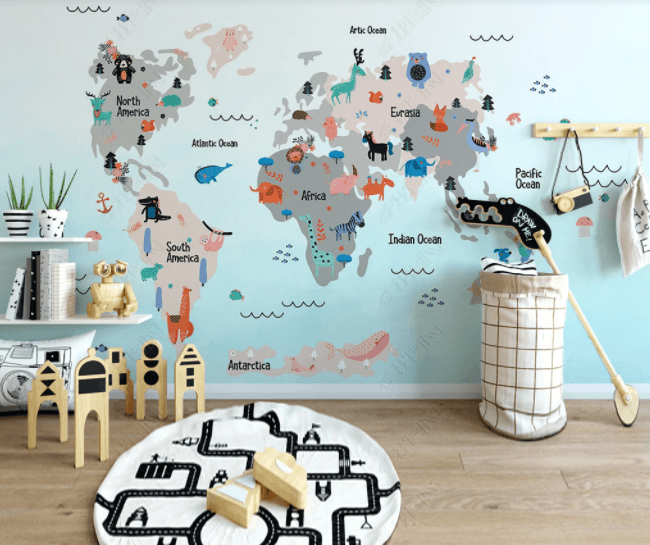 3D Hand Drawn World Map Animal Kids Wall Mural Wallpaper LLL 2837- Jess Art Decoration