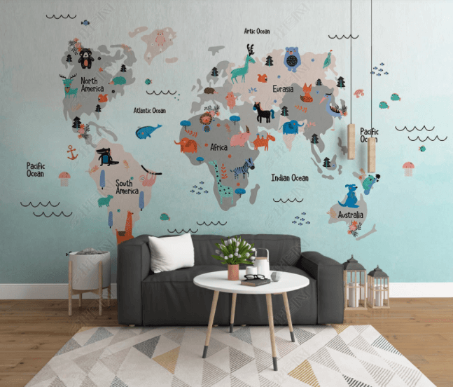 3D Hand Drawn World Map Animal Kids Wall Mural Wallpaper LLL 2837- Jess Art Decoration