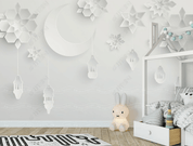 3D Space Star Moon Kids White Wall Mural Wallpaper LLL 2470- Jess Art Decoration