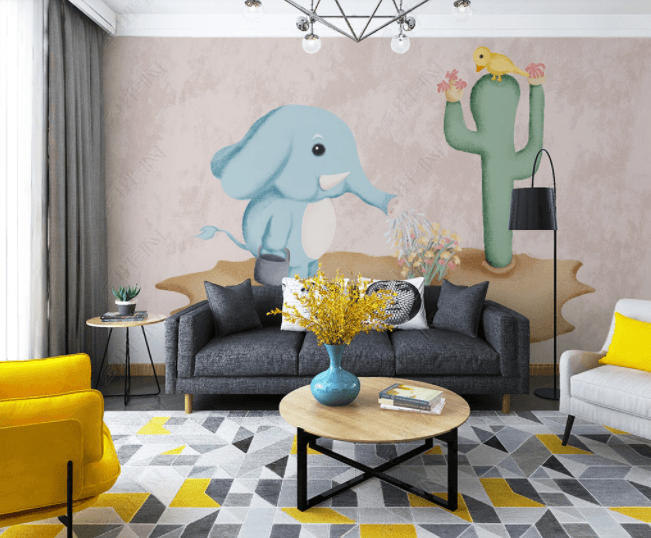 3D Hand Drawn Cartoon Animal Elephant Bird Cactus Floral Kids Wall Mural Wallpaper LLL 2697- Jess Art Decoration