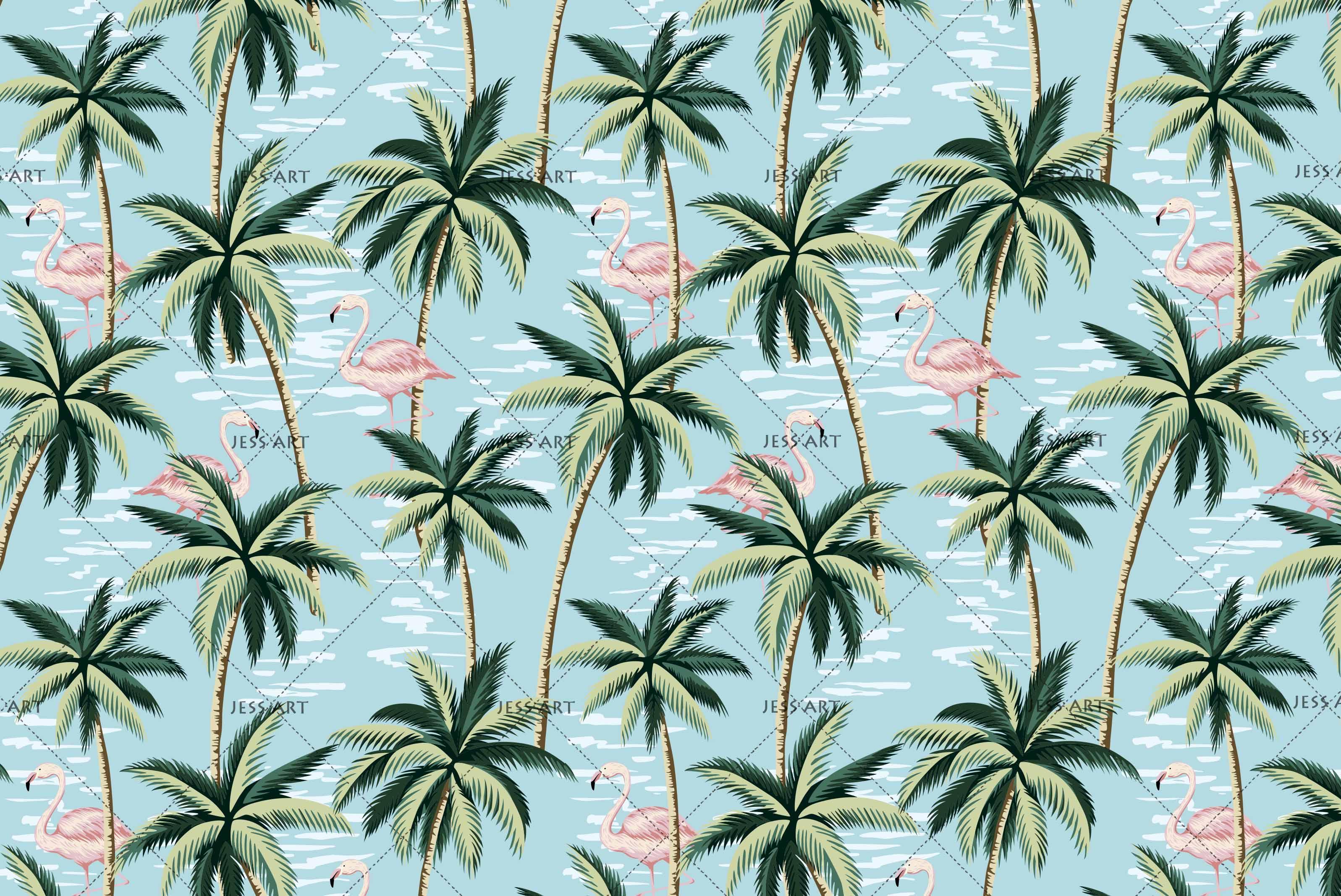 3D Tropical Plant Flamingo Blue Background Wall Mural Wallpaper 111- Jess Art Decoration