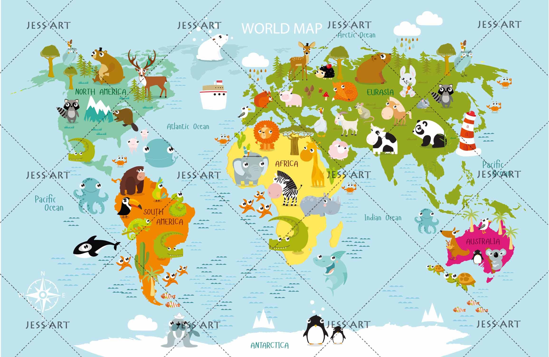 3D Cartoon Animal World Map Wall Mural Wallpaper 116- Jess Art Decoration