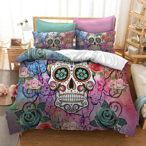 3D Skull Flower Pink Quilt Cover Set Bedding Set Pillowcases 28- Jess Art Decoration