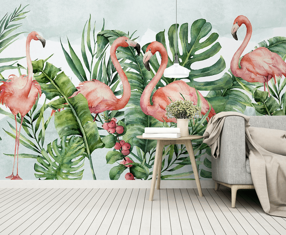 3D Watercolor Banana Leaves Flamingo Wall Mural Wallpaper JN 1438- Jess Art Decoration