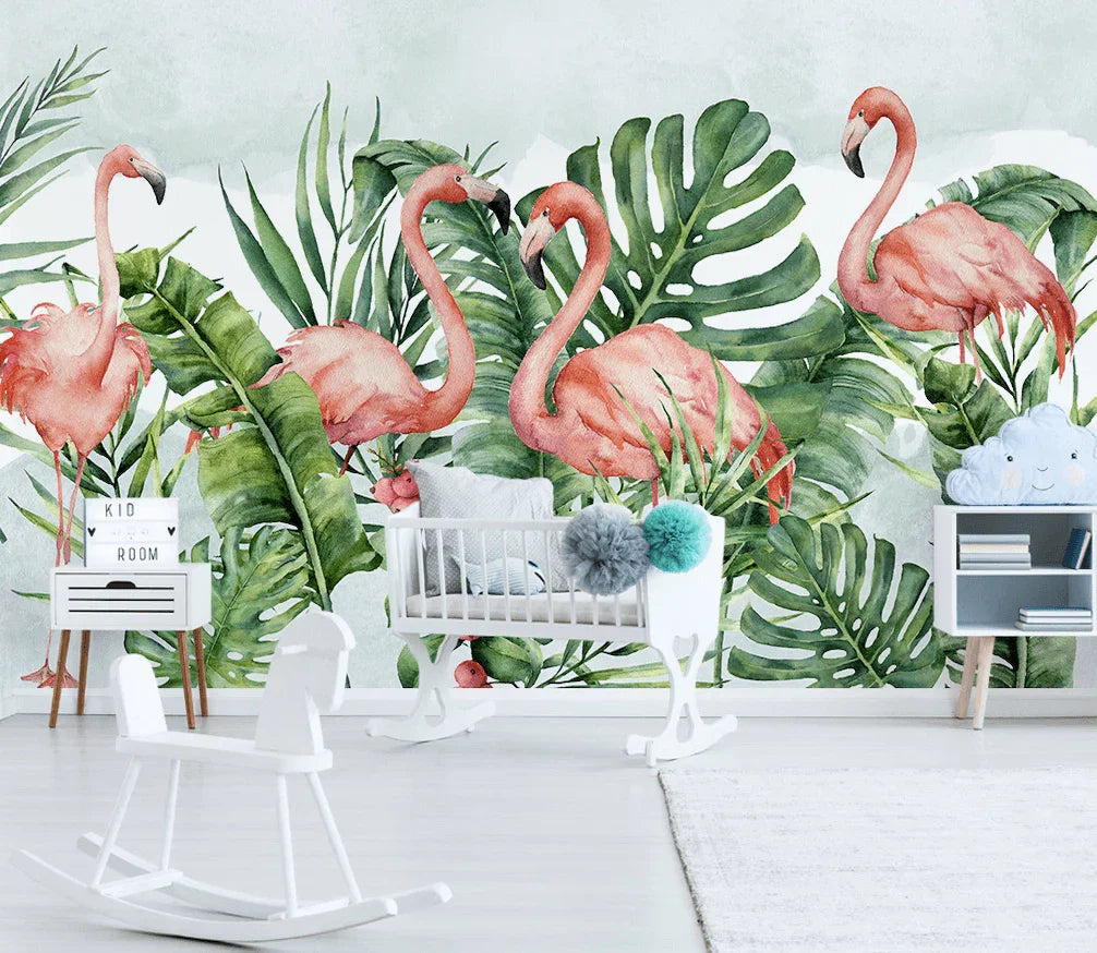 3D Watercolor Banana Leaves Flamingo Wall Mural Wallpaper JN 1438- Jess Art Decoration