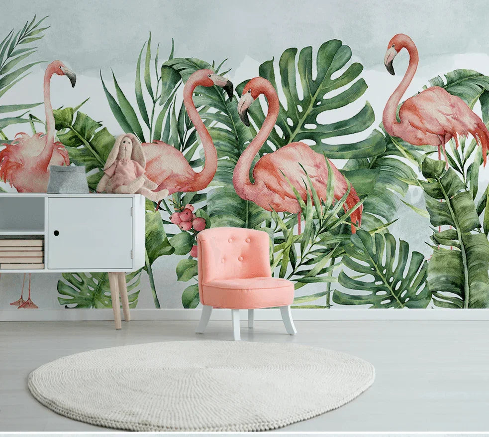 3D Watercolor Banana Leaves Flamingo Wall Mural Wallpaper JN 1438- Jess Art Decoration