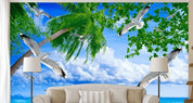 3D Blue Sky Sea Seagull Coconut Tree Wall Mural Wallpaper LQH 171- Jess Art Decoration