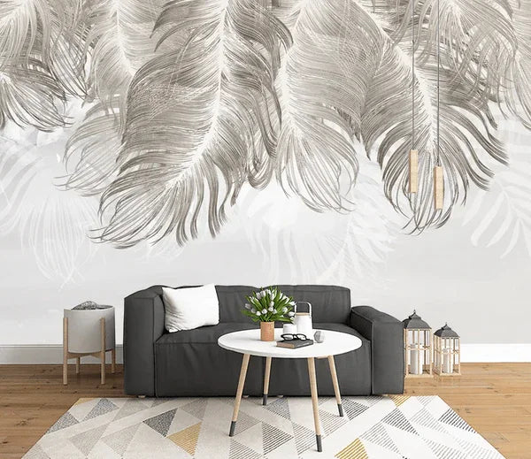 3D Hand Drawn Grey Feather Wall Mural Wallpaper LQH 256- Jess Art Decoration