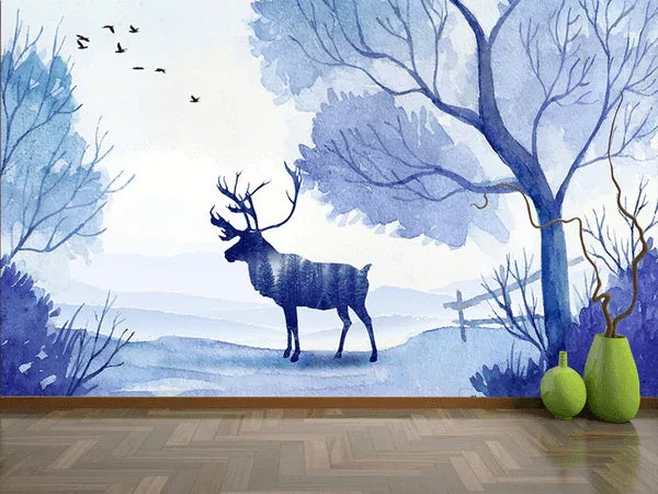 3D Watercolor Blue Forest Elk Wall Mural Wallpaper LQH 4- Jess Art Decoration