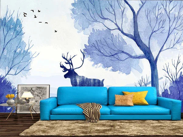 3D Watercolor Blue Forest Elk Wall Mural Wallpaper LQH 4- Jess Art Decoration