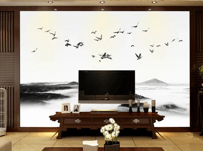 3D White Mist Mountain Bird Wall Mural Wallpaper LQH 379- Jess Art Decoration