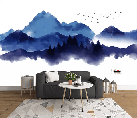 3D Blue Watercolor Forest Boat Bird Wall Mural Wallpaper 56- Jess Art Decoration