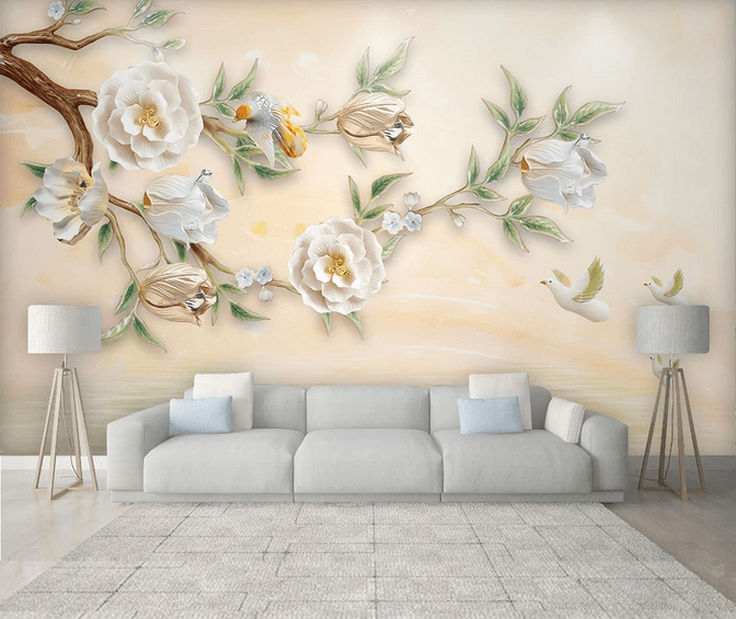 3D Relief Blossom Pigeon Branch Wall Mural Wallpaper 01- Jess Art Decoration