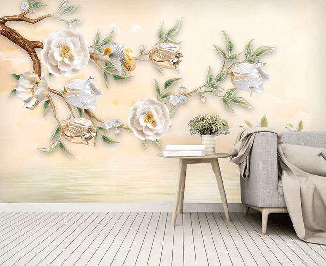 3D Relief Blossom Pigeon Branch Wall Mural Wallpaper 01- Jess Art Decoration
