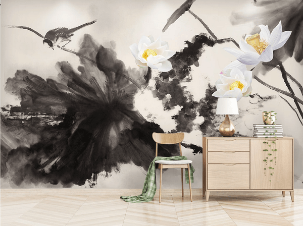 3D Lotus Ink Bird Wall Mural Wallpaper 44- Jess Art Decoration