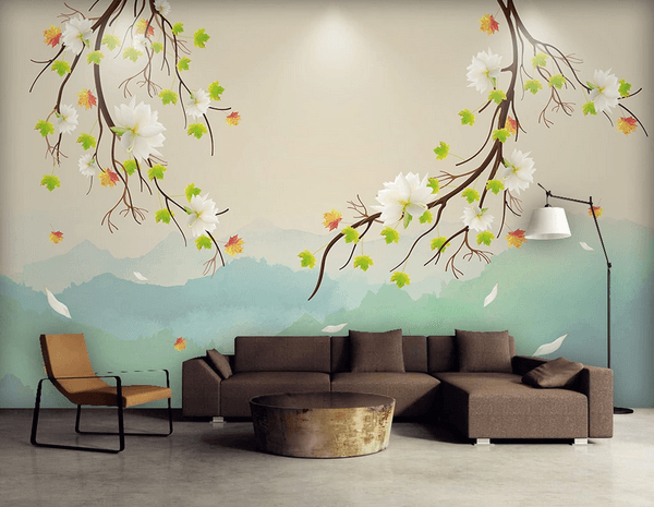 3D Mountains Flower Branch Wall Mural Wallpaper 45- Jess Art Decoration